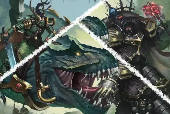 Warsmith Tharrax battles the mighty Eldar Exodite beast King Syurec and its rider Yrann (Plate 2) by Vitaly Perevoshikov